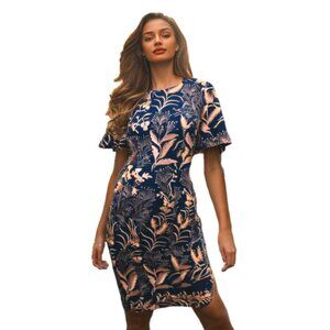 JS Collections Maya Flutter Sleeve Tea Length Blue Embroidered Dress Size 8